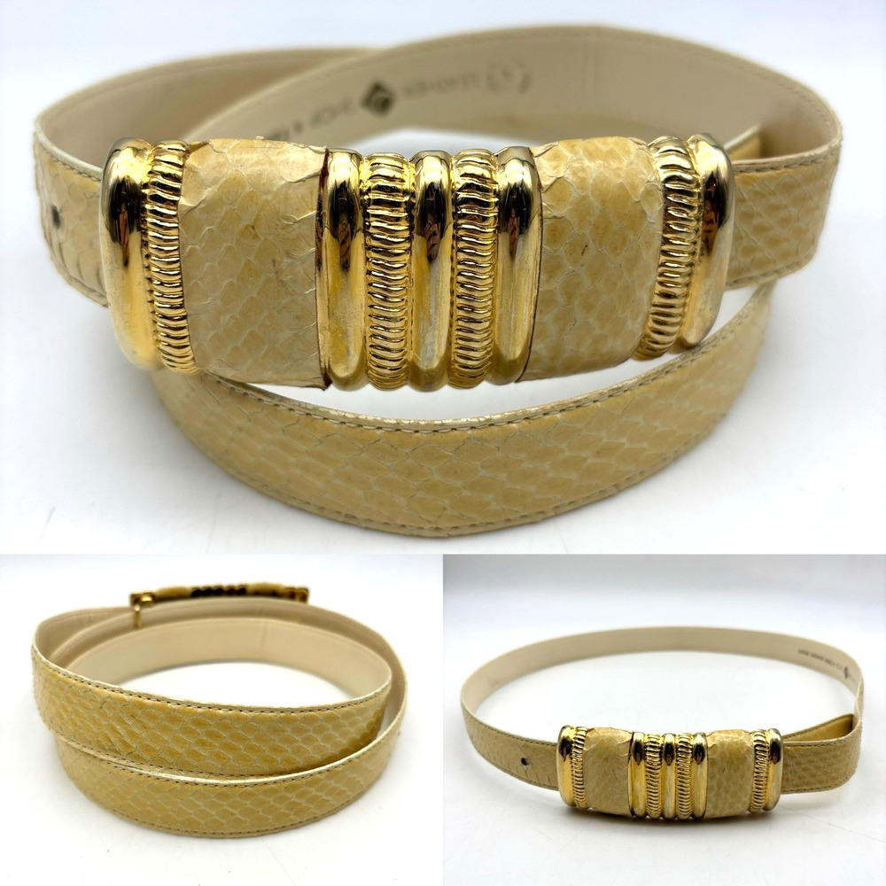 Vintage 80s Leather Shop Cream Genuine Snakeskin Leather Gold Buckle Belt L 34"